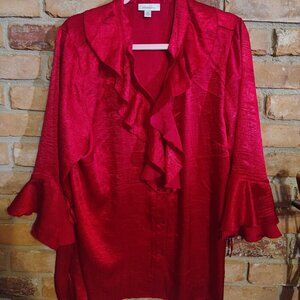 Ladies Plus Size Red Satin Textured Button Down Shirt